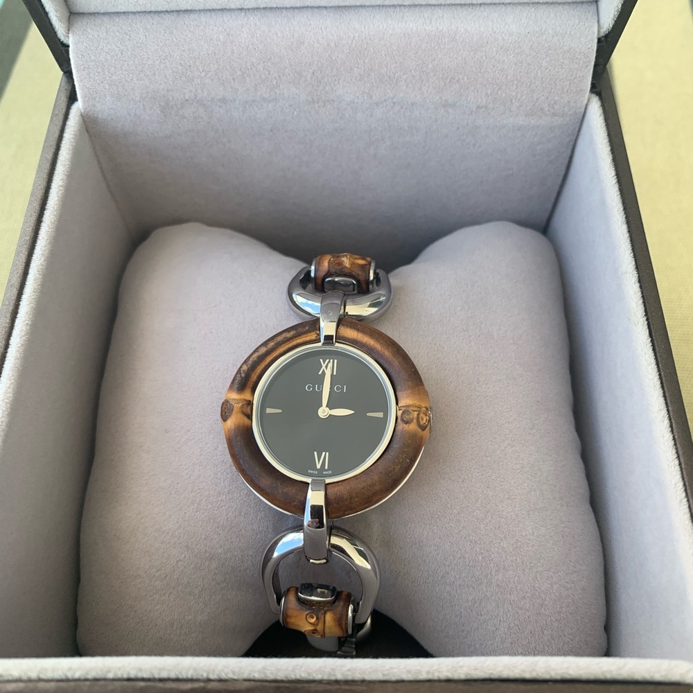 Gucci Bamboo Black Dial Stainless Steel Watch – New with Box
